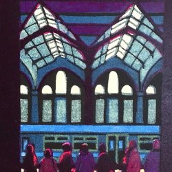 A linocut artwork of a train station