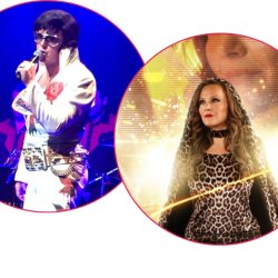 Photos of the three tribute acts: Elvis, Shania Twain and Tom Jones. Logo of the sponsor Brandler Galleries