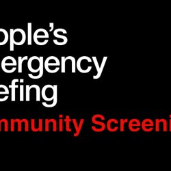 Chris Packham looking left to right across a black background with the title People's Emergency briefing Community Screening in the centre of the image