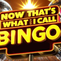 Sign with disco balls which says "Now that's what I call Bingo! 90's hits."