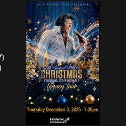 An event poster featuring Elvis holding a microphone with sparkly holiday decor.