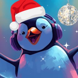 Dancing penguin with headphones and Santa hat with a disco ball in the Background