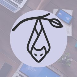 A bat logo overlayed on an image of people on laptops and tablets at a table