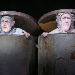 Endgame production image: A man and a woman in two trash cans