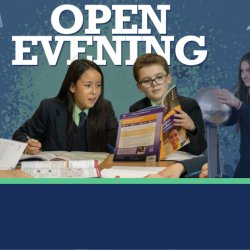 Open evening banner with an image of students and text with the date, Tuesday 24th September 5.45pm