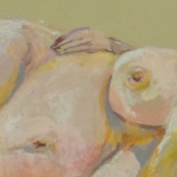A hand drawing a nude figure in yellow and pink pastels on yellow paper.