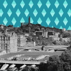 Black and white cityscape of Edinburgh on a blue patterned background