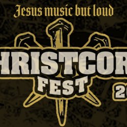 ChristCore Fest 2027 banner featuring the festival logo, nail cross graphic and the tagline Jesus music but loud on a dark gold textured background