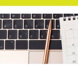 Reduced size Community Works branded time management image with clock, calendar, keyboard and date pins