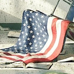 A torn American flag lying across broken plaster and rubble, in desaturated sepia tones.