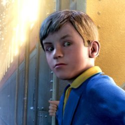 A still from The Polar Express shows a young boy looking out from a train door into a snowy night.
