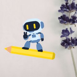 a robot surfing a yellow colored pencil with a peace sign next to some lavendar