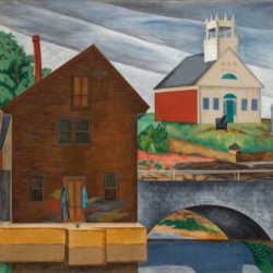 Social realist style painting showing a large brick building with a Civil War statue
