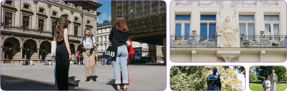 A small group on a feminist walking tour in Prague near the National Theatre. Other images show sculptures and art nouveau details.