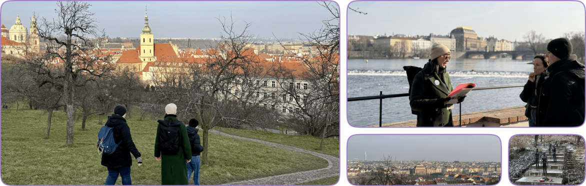 A small group on a winter feminist walking tour in Prague with city views, riverside talk, and memorial sculptures.