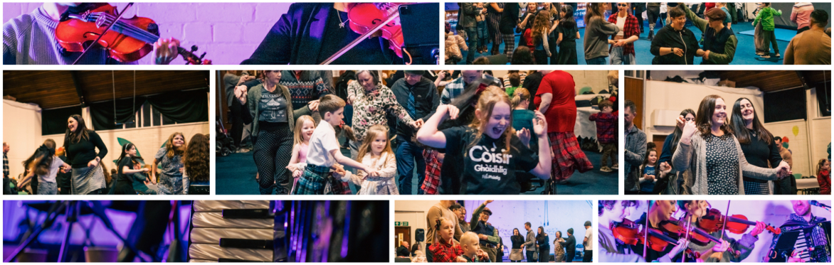 A lively group of adults and children enjoying a ceilidh dance in a bright hall, full of energy and joy.