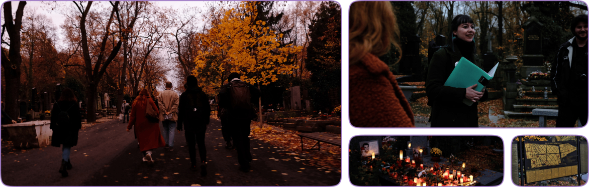 A small group walking through Olšany Cemetery in autumn during a feminist tour. Other images show candles, a map, and the guide speaking.
