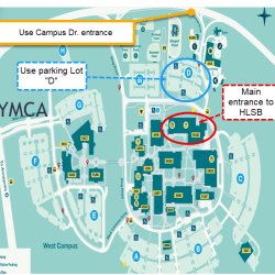 Map shows to use Campus Drive entrance, park in Lot D, and use the main entrance on the northeast end of the building