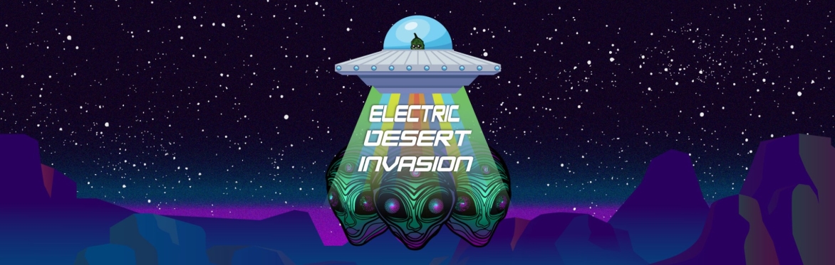 Electric Desert Invasion Logo. Alien spaceship in the a desert space sky.