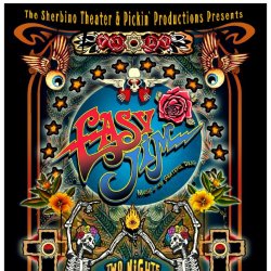 Colorful concert poster promoting Easy Jim's two-night Halloween performances at the Sherbino Theater in Ridgway, Colorado. The artwork features Day of the Dead-inspired skeletons, roses, crosses