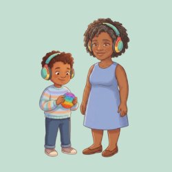 A child holding a fidget and a woman both wearing ear defenders