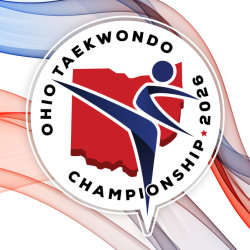 Ohio Taekwondo Championship Logo on blue and red color burst background