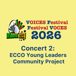 The Voces Festival logo shows two birds on a guitar. Text reads Concert 2: ECCO Young Leaders Community Project