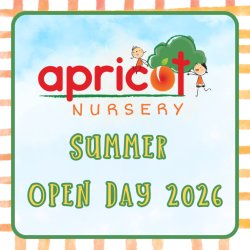 A banner welcoming prospective parents to Apricot Nursery Peterroborough' Summer Open Day. 9.9 on Day Nurseries.co.uk.