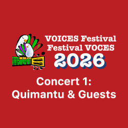 The Voces Festival logo shows two birds on a guitar. Text reads Concert 1: Quimantu & Guests