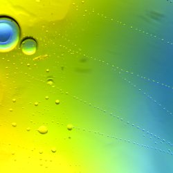 An image of yellow, green and blue dyes on a plate under a microscope, with droplets and traces of dye in a gradient of colour.