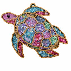 Frame in the shape of a bird filled with a rainbow of vibrantly dyed crushed glass
