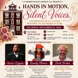 Event flyer for Hands in Motion, Silent Voices, presented by Unspoken Events Company. Saturday, September 19, 2026, Victoria Opera House. Featuring Aarron Loggins, Brandy Mimms, and Brent Borden.
