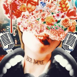 Collage of a human face with flowers arranged like a brain on top, there are two pairs of mouths in the bottom corners, old fashion 20s microphones above and blood dripping from the top