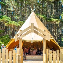 A tipi with people inside against a tall forest