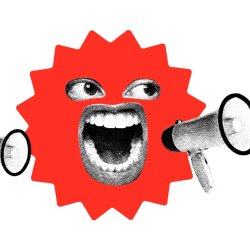 collage-style image of brightly coloured shape with wide mouths and megaphones