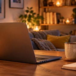 Cosy evening home workspace with a laptop, notebook, mug, plants and warm ambient lighting.