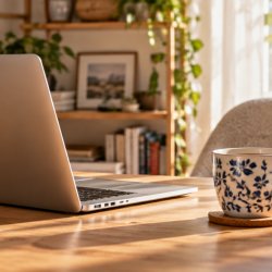Bright, sunlit home workspace with a laptop, notebook, mug and houseplants on a wooden desk.