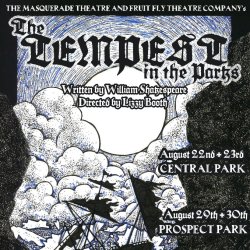 Black and Blue poster of a boat crashing in the middle of a storm. The Tempest in the Parks, written by Shakespeare and directed by Lizzy Booth