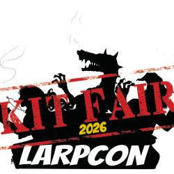 LarpCon logo - A silhouette of 3 adventurers, dragon, wizard and space rogue, dated 2026 and stamped in red with "kit fair"