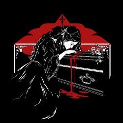 A beautiful woman crying over a coffin leaking blood.