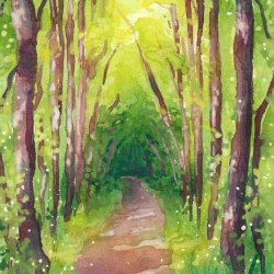A painting of a path through tall trees and grass