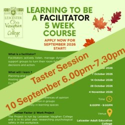 Flyer for the Learning to be a Facilitator course. For the content of this flyer visit https://vaughan.coop/course/learning-to-be-a-facilitator/