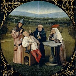 A medieval style painting of a group of people stood around a man in a chair, having a piece of metal pulled from his head.
