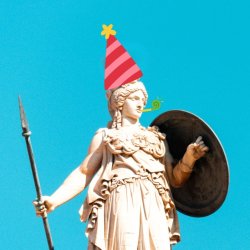 Statue of Athena with a cartoon party hat