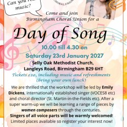A background of musical notes, with the text "Day of Song" prominently featured in front, along with the date and time of the event