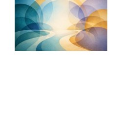 Overlapping circles in shades of orange, purple and turquoise surrounding a bright central space suggesting bright light