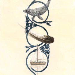 A Pictish flowing design surrounding three images: A seal, an eagle feather, and a small sailing boat.