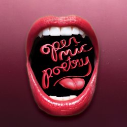 An open mouth with "open mic poetry" written in it.