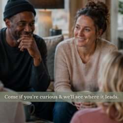 Men and women sat talking and listening in casual environment