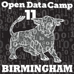 Image of bulll, with the text Open Data Camp 11 Birmingham, and a background of zeros and ones